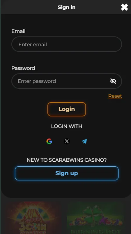 Scarab Wins login screen showing email, password and social login options