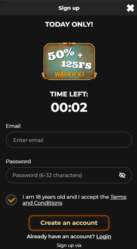 Scarab Wins registration screen with email and password fields